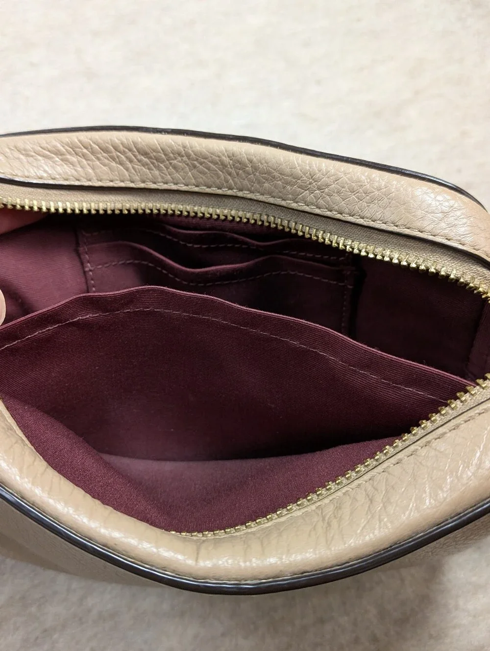 Coach Pebbled Leather Crossbody Jamie Camera Bag Taupe Beige Purse Compact